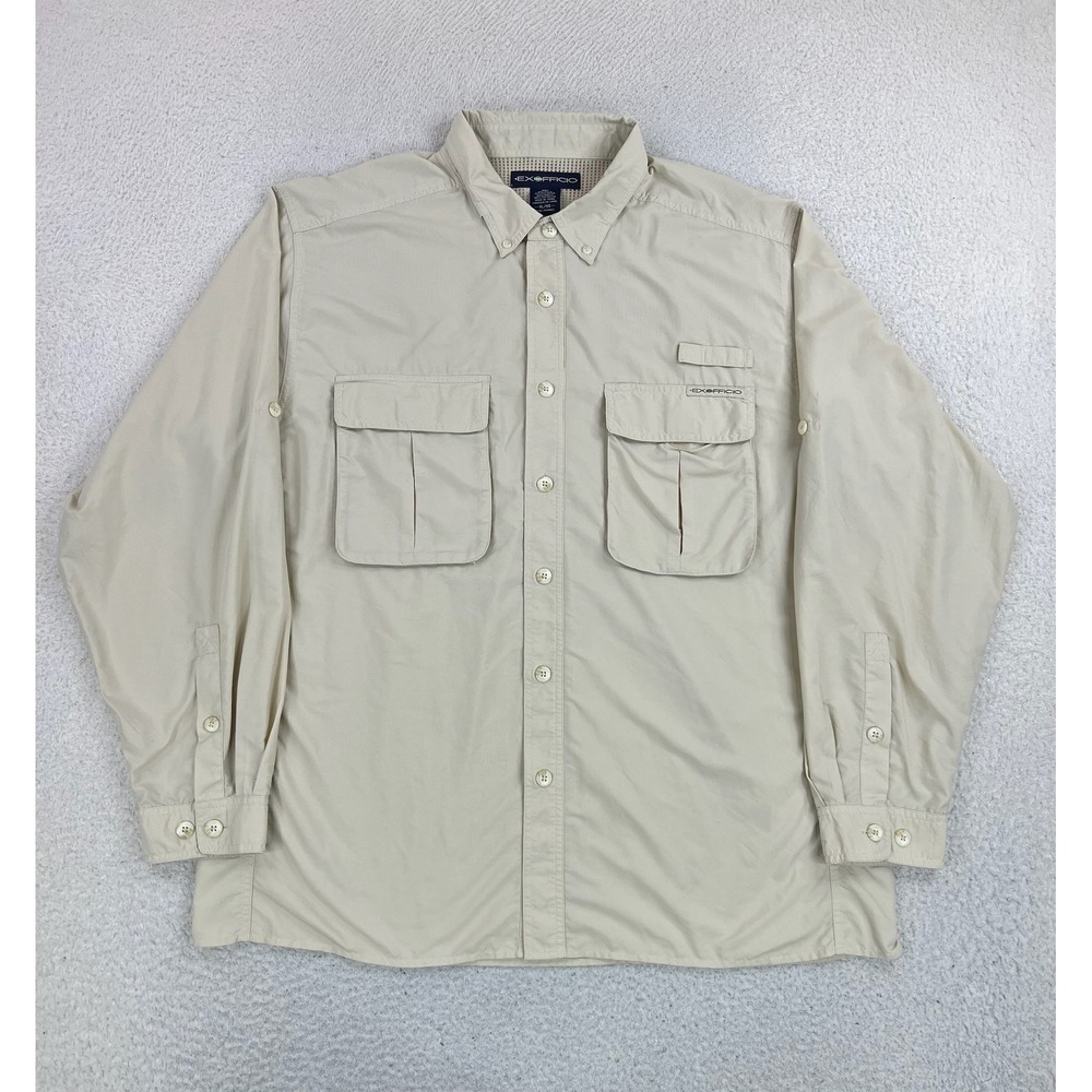 ExOfficio Shirt Mens XL Beige Solid Long Sleeve Button Up Boeing Travel Outdoor
